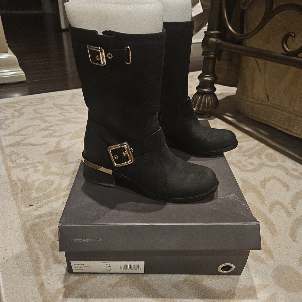 Vince Camuto Black Ankle Boots with Gold Buckles